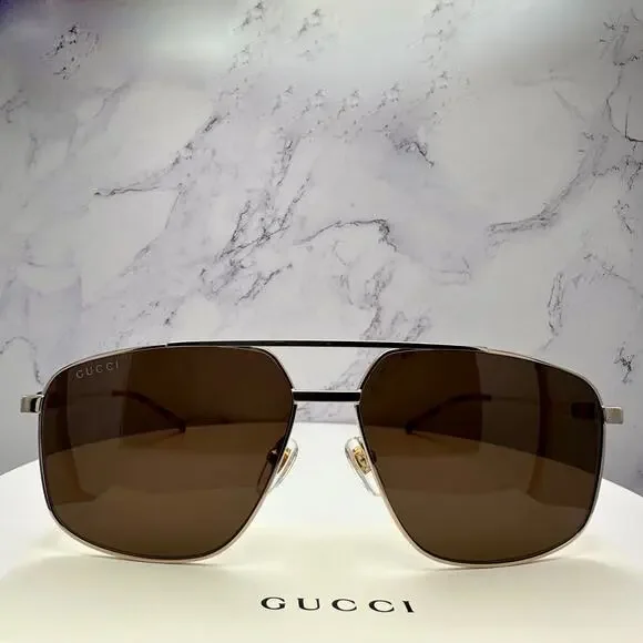 New GUCCI Sunglasses Gold Metal Square Aviator Pilot Red Green Web Logo Mens